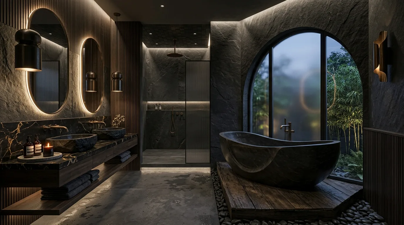 Finish with a bathroom that feels dark and indulgent inspiration for a moody bathroom.